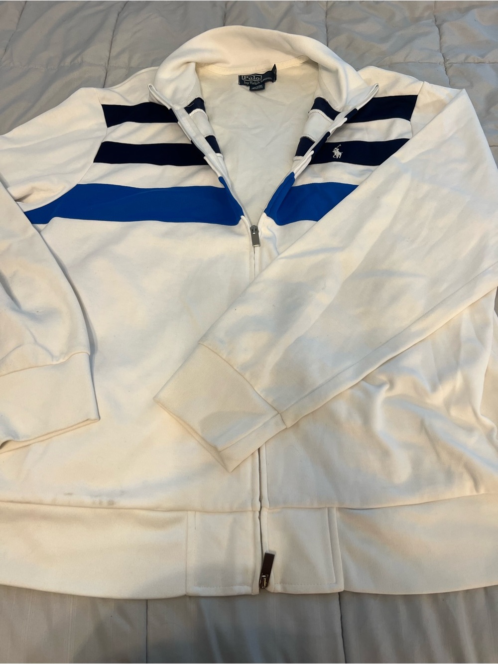 Polo by Ralph Lauren White Zip-Up Jacket with Navy & Royal Blue Stripes